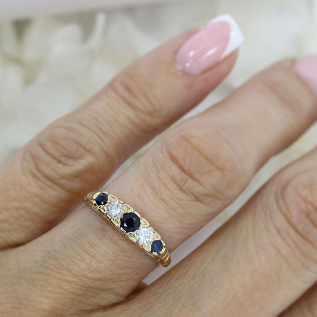 Pre Owned 18ct Yellow Gold Sapphire & Diamond Vintage Style Boat Ring