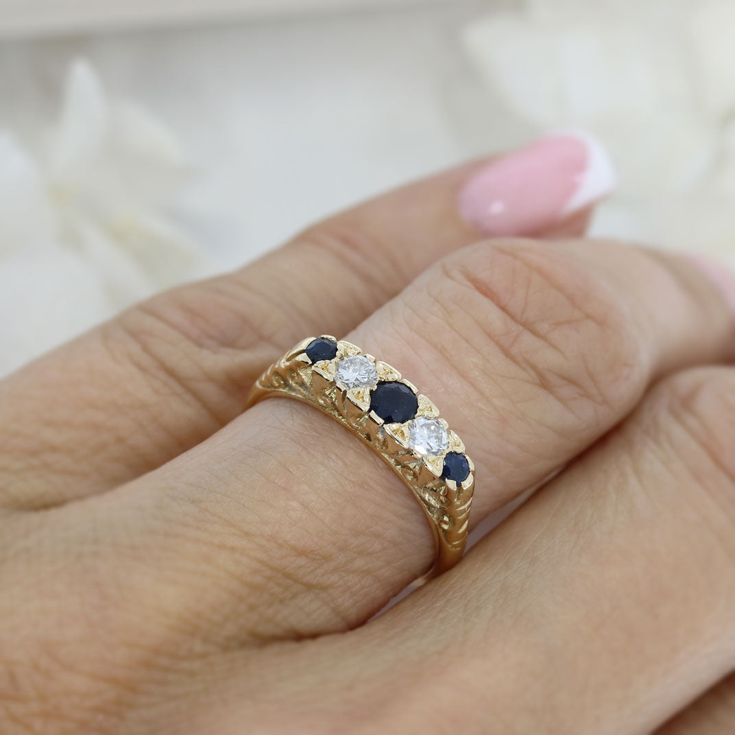 Pre Owned 18ct Yellow Gold Sapphire & Diamond Vintage Style Boat Ring