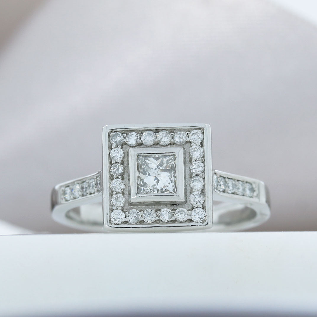 Pre Owned Platinum Princess Cut Diamond Halo Ring 0.58ct