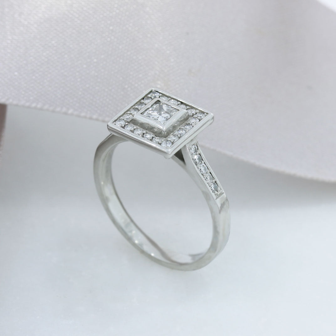 Pre Owned Platinum Princess Cut Diamond Halo Ring 0.58ct