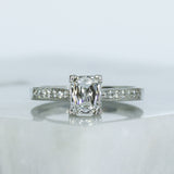 Pre Owned Certified Platinum Radiant Cut Oblong Diamond Solitaire Ring with Diamond Set Shoulders 1.32ct