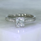 Pre Owned Certified Platinum Radiant Cut Oblong Diamond Solitaire Ring with Diamond Set Shoulders 1.32ct