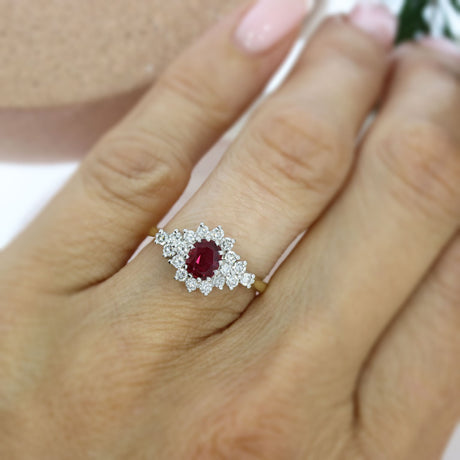 Pre Owned 18ct Yellow Gold Oval Ruby & Diamond Cluster Ring