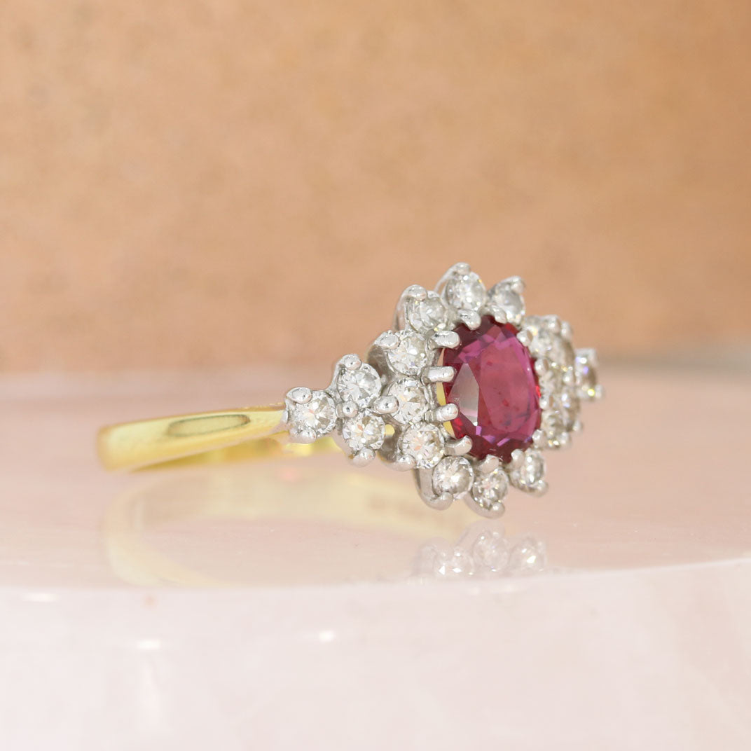 Pre Owned 18ct Yellow Gold Oval Ruby & Diamond Cluster Ring