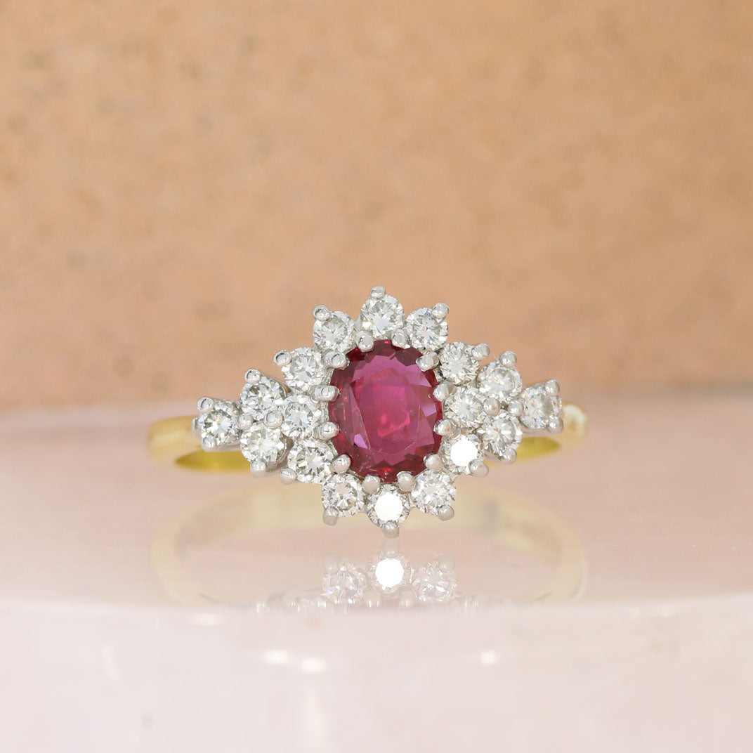Pre Owned 18ct Yellow Gold Oval Ruby & Diamond Cluster Ring