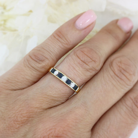 Pre Owned 18ct Yellow Gold 7 Stone Diamond & Sapphire Eternity Ring