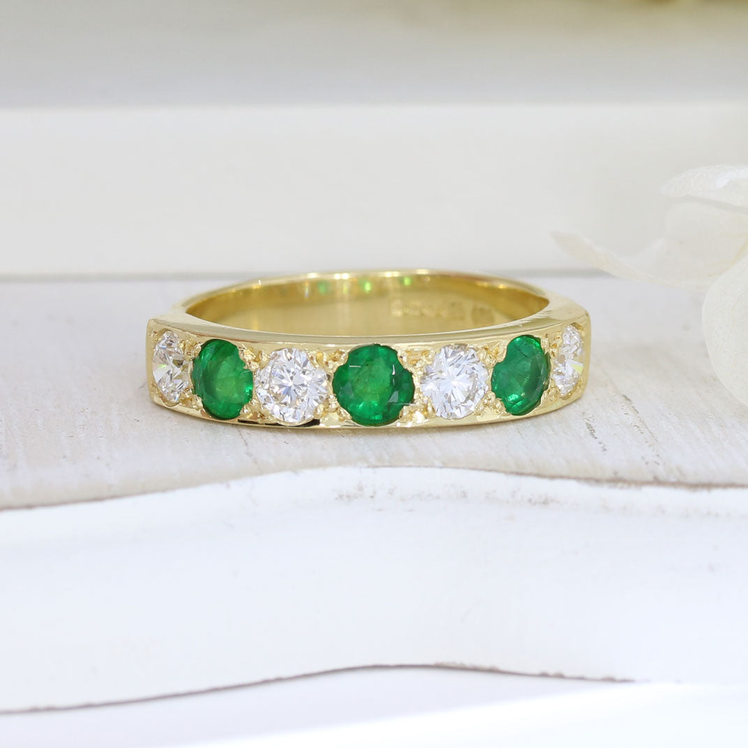 Pre Owned 18ct Yellow Gold Emerald & Diamond Pave Set Eternity Ring