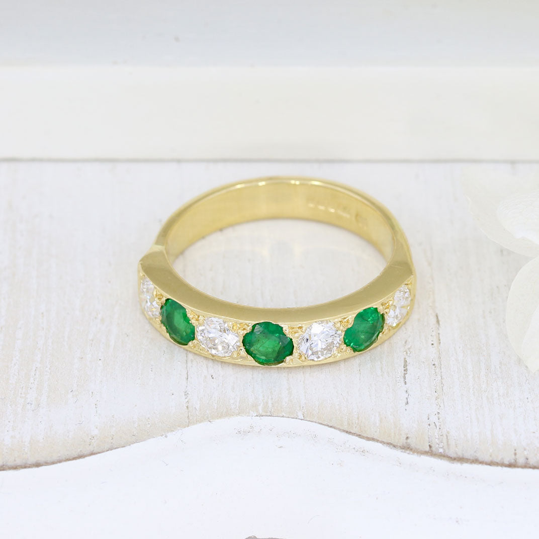 Pre Owned 18ct Yellow Gold Emerald & Diamond Pave Set Eternity Ring