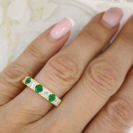 Pre Owned 18ct Yellow Gold Emerald & Diamond Pave Set Eternity Ring