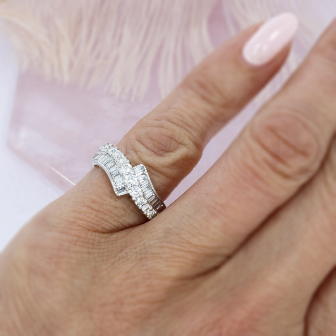 Pre Owned 9ct White gold baguette and round fancy diamond ring approx. 0.60ct