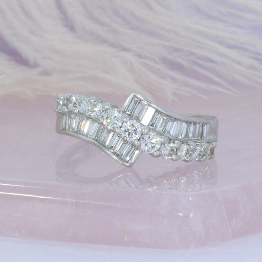 Pre Owned 9ct White gold baguette and round fancy diamond ring approx. 0.60ct