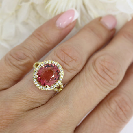 18ct Yellow Gold Oval Pink Tourmaline & Diamond Cluster Ring