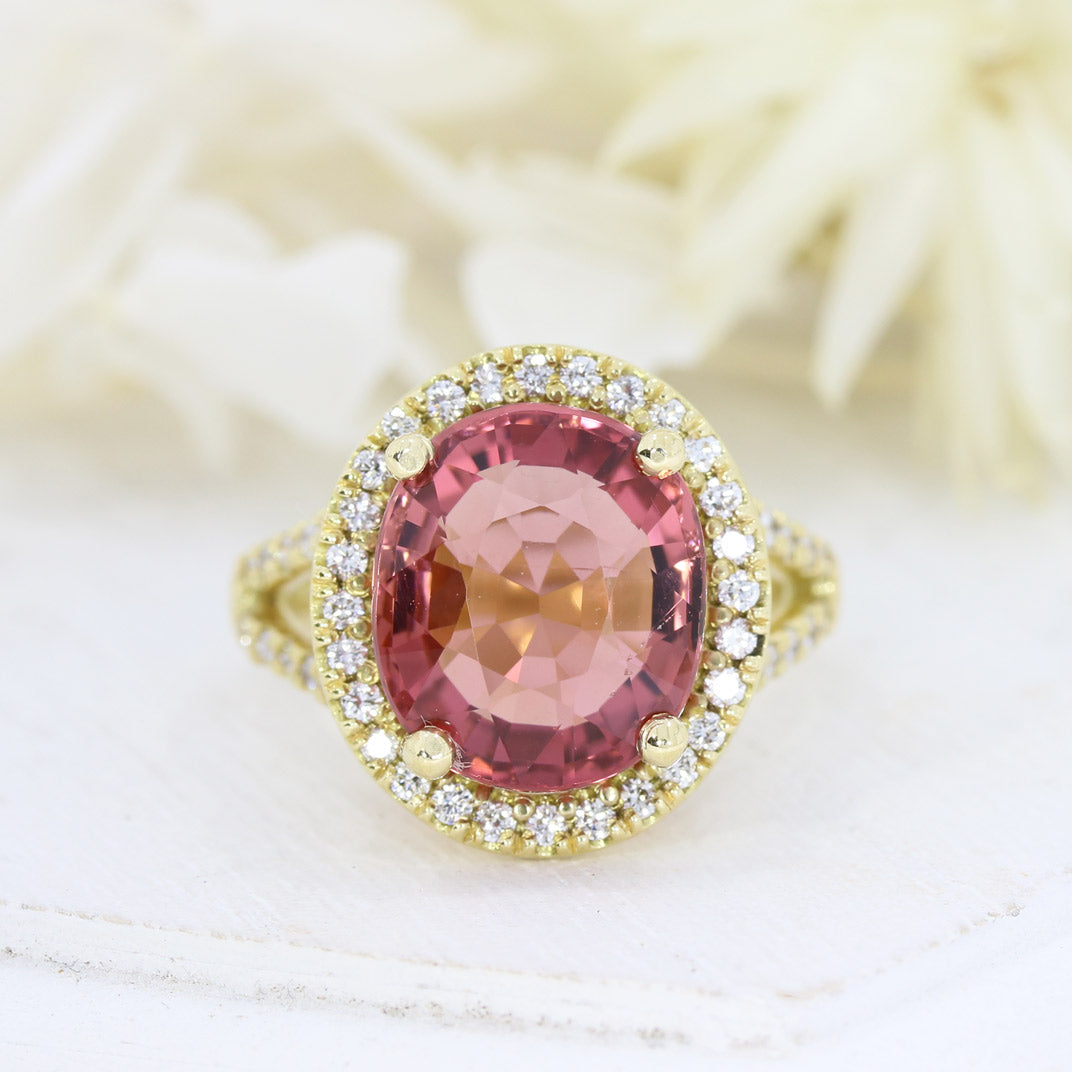 18ct Yellow Gold Oval Pink Tourmaline & Diamond Cluster Ring