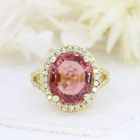18ct Yellow Gold Oval Pink Tourmaline & Diamond Cluster Ring