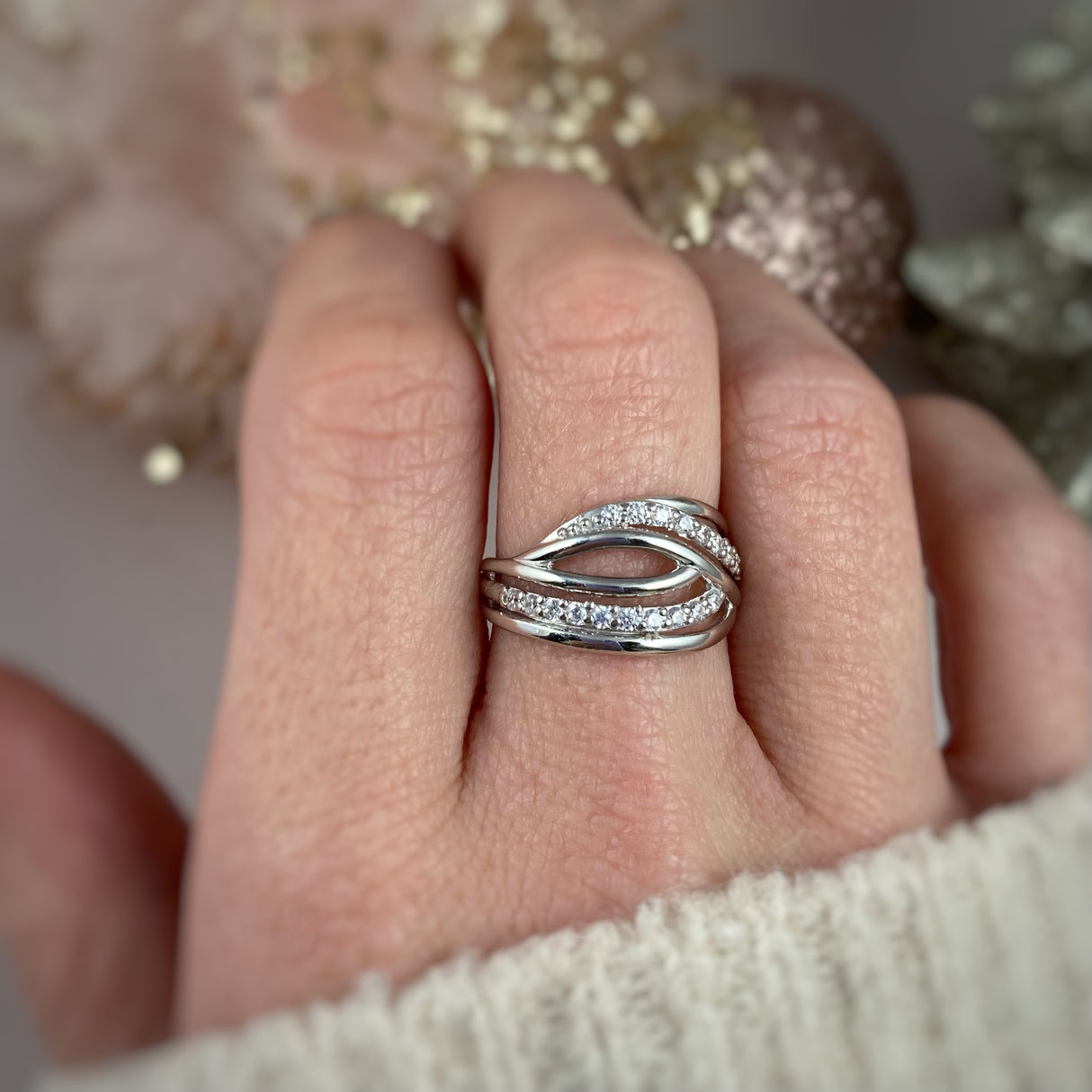 Silver Fancy Multi Row Ring with Cubic Zirconia