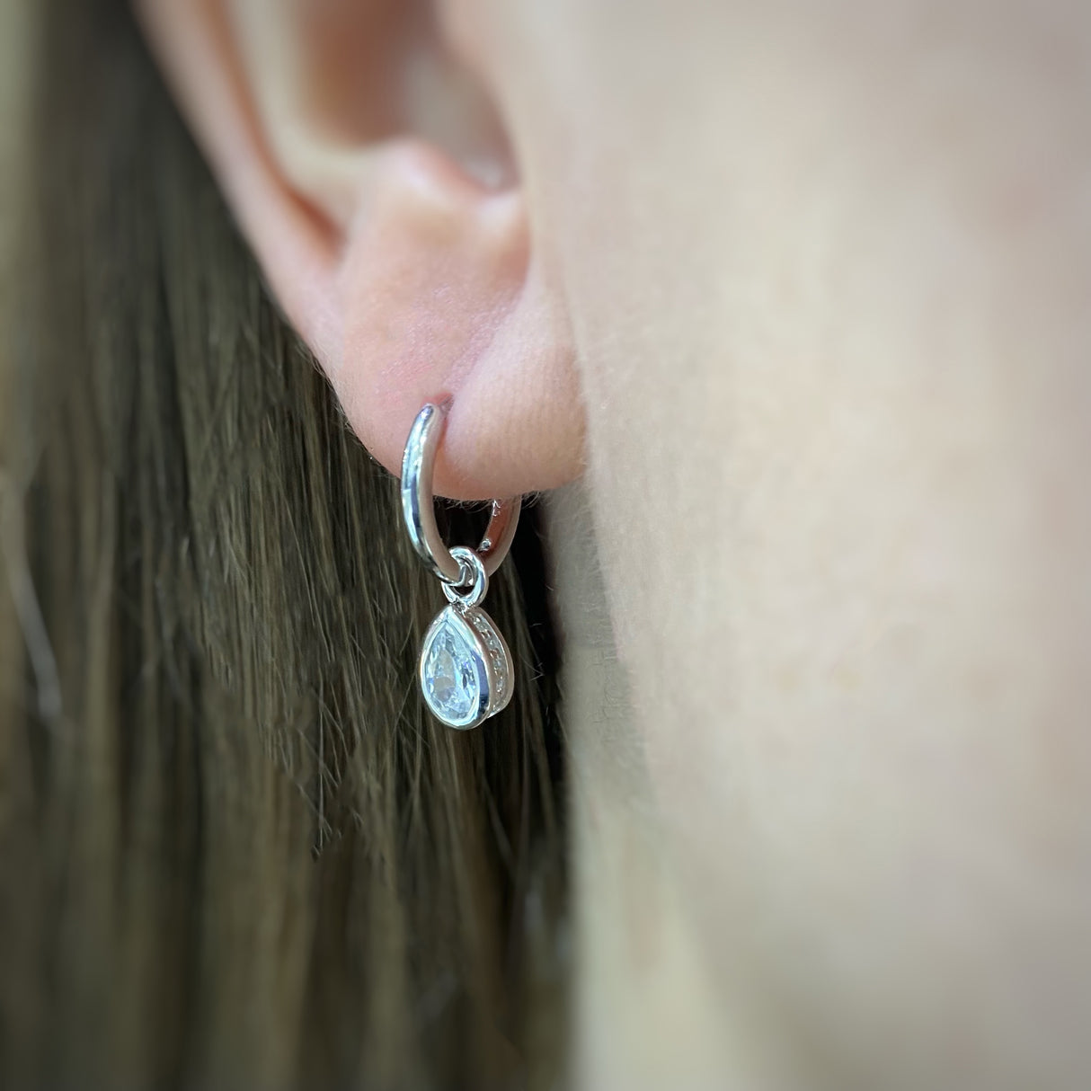 Silver Small Hoop Earrings With Pear Shape Drop