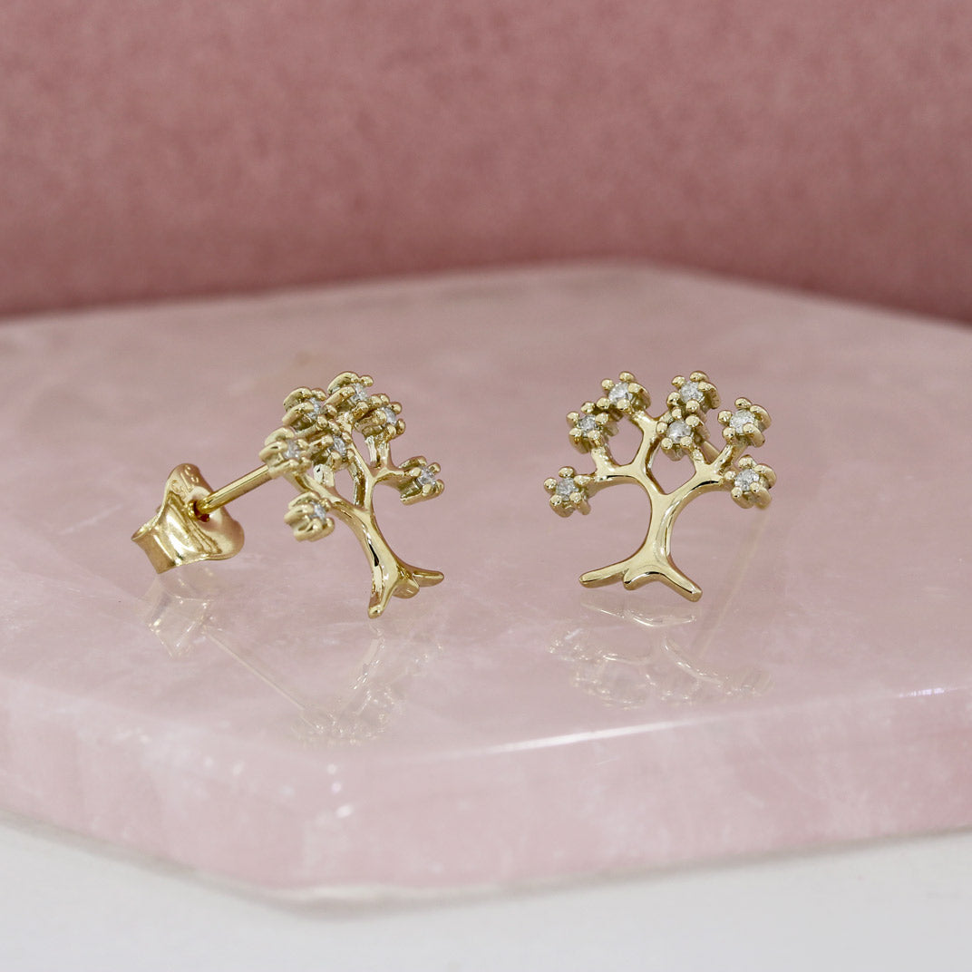9ct Yellow Gold Tree Earrings Set With Diamonds