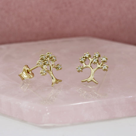 9ct Yellow Gold Tree Earrings Set With Diamonds