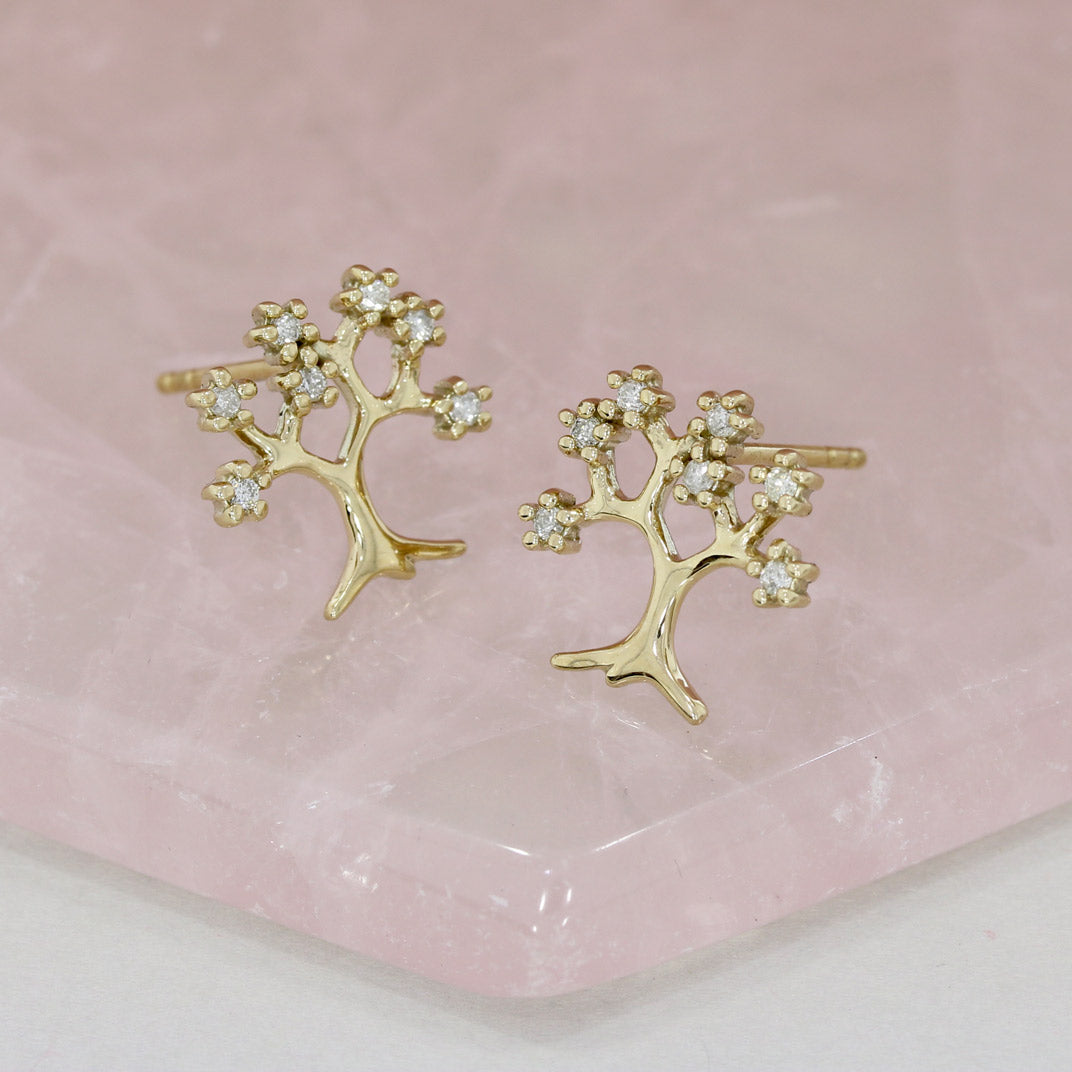 9ct Yellow Gold Tree Earrings Set With Diamonds