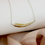 Silver Feather Necklace with Yellow Gold Accent and Extendable Chain