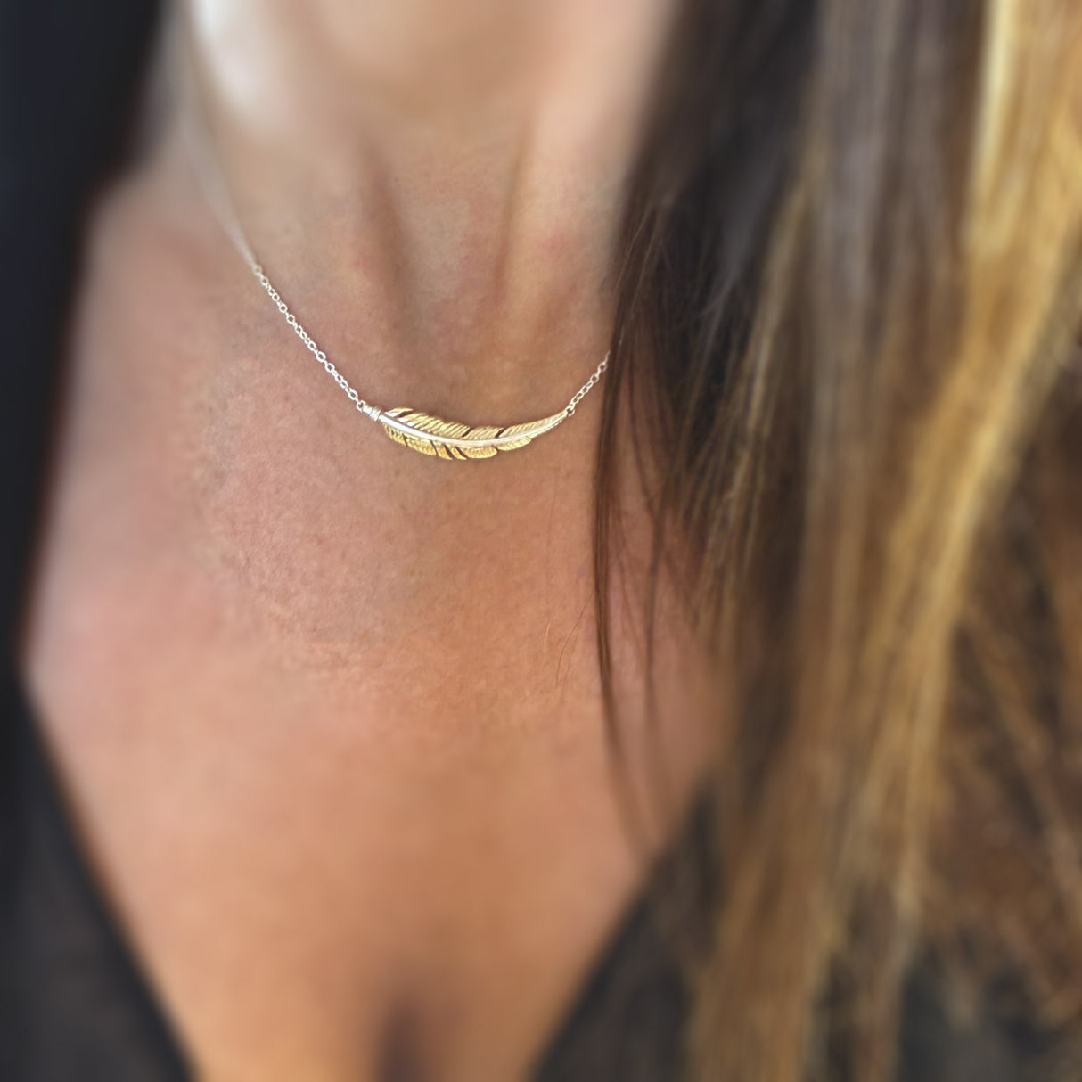 Silver Feather Necklace with Yellow Gold Accent and Extendable Chain