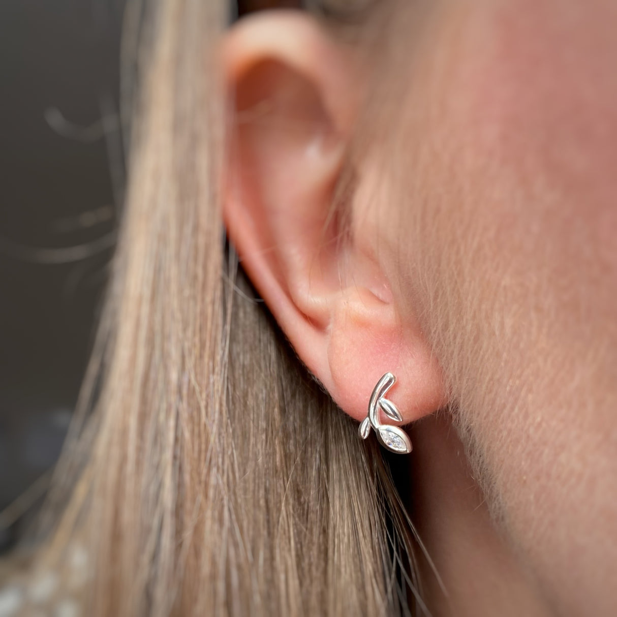 Silver CZ Leaf Stud Earrings