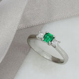 Platinum Square Emerald & Diamond 3 Stone Ring