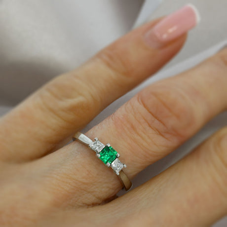 Platinum Square Emerald & Diamond 3 Stone Ring