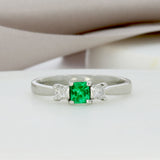 Platinum Square Emerald & Diamond 3 Stone Ring