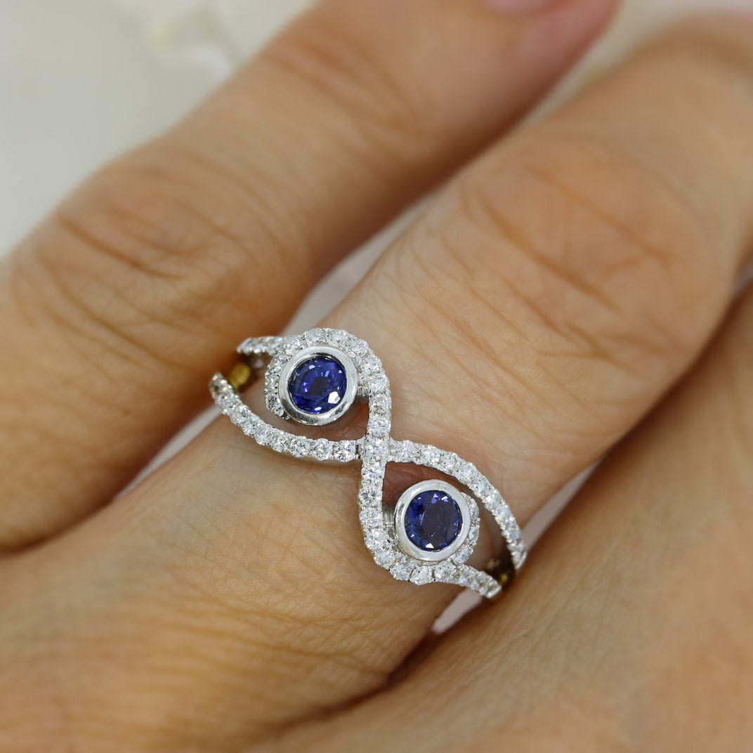 Pre Owned 9ct Yellow Gold Crossover Diamond & Sapphire Cluster Dress Ring