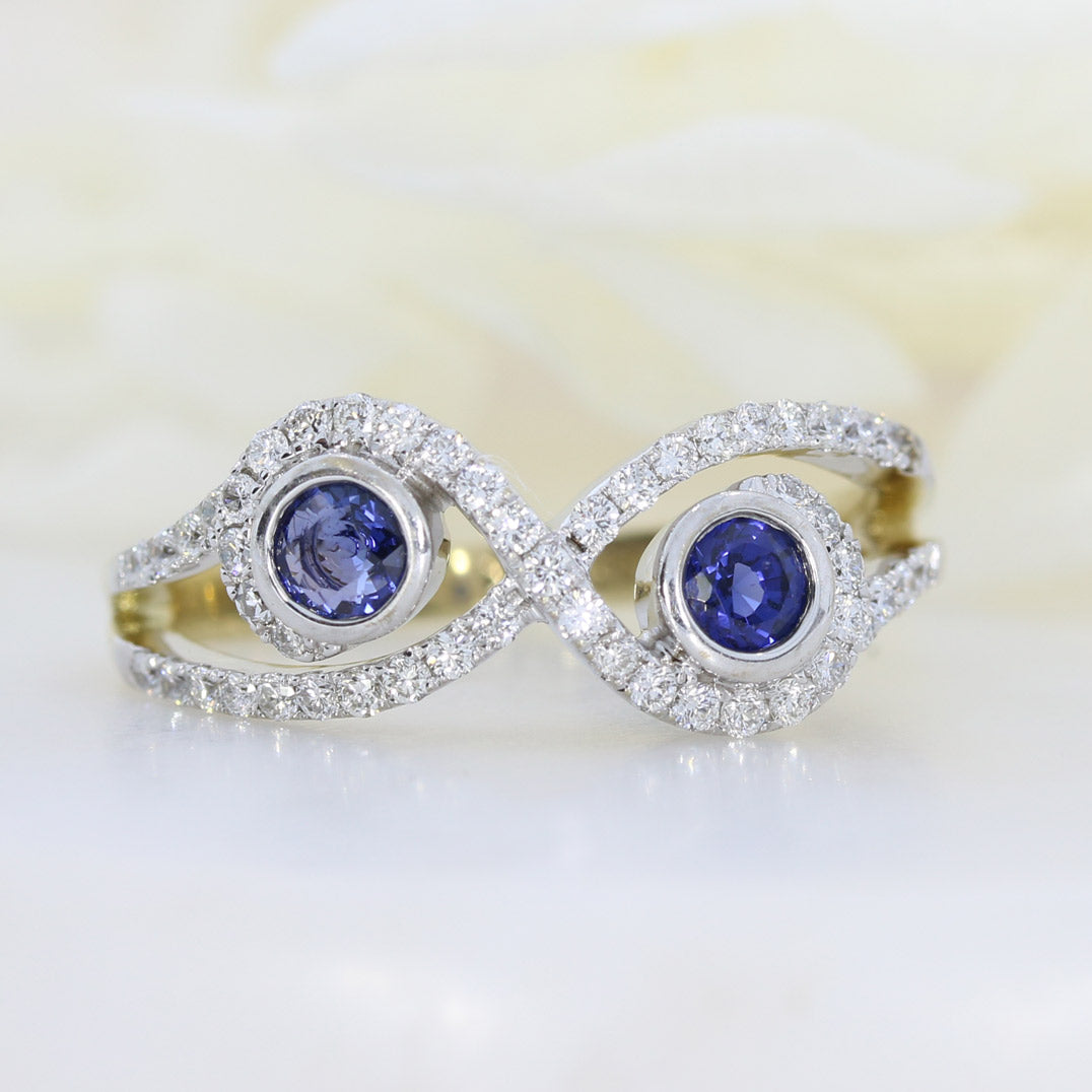 Pre Owned 9ct Yellow Gold Crossover Diamond & Sapphire Cluster Dress Ring