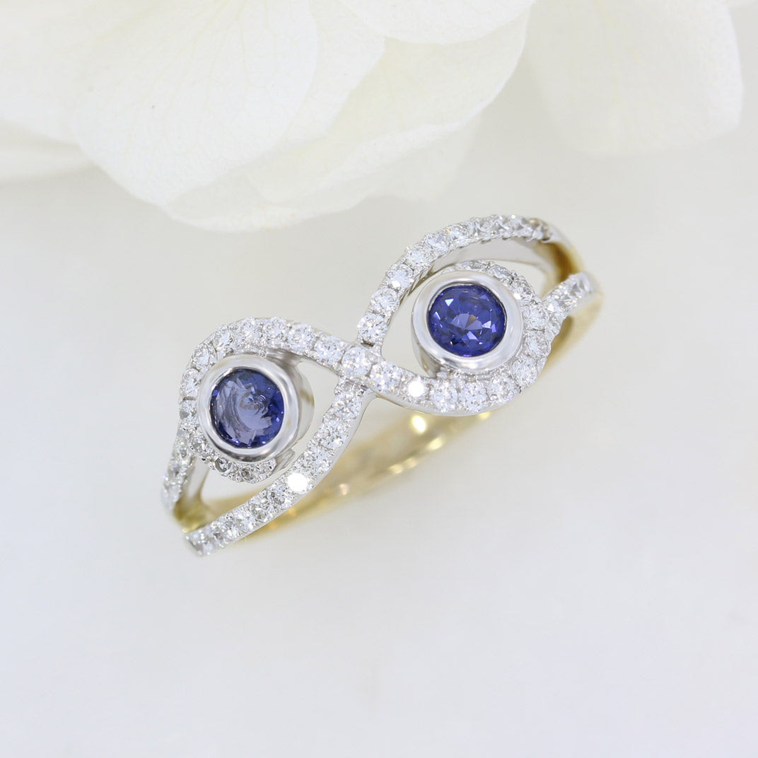 Pre Owned 9ct Yellow Gold Crossover Diamond & Sapphire Cluster Dress Ring