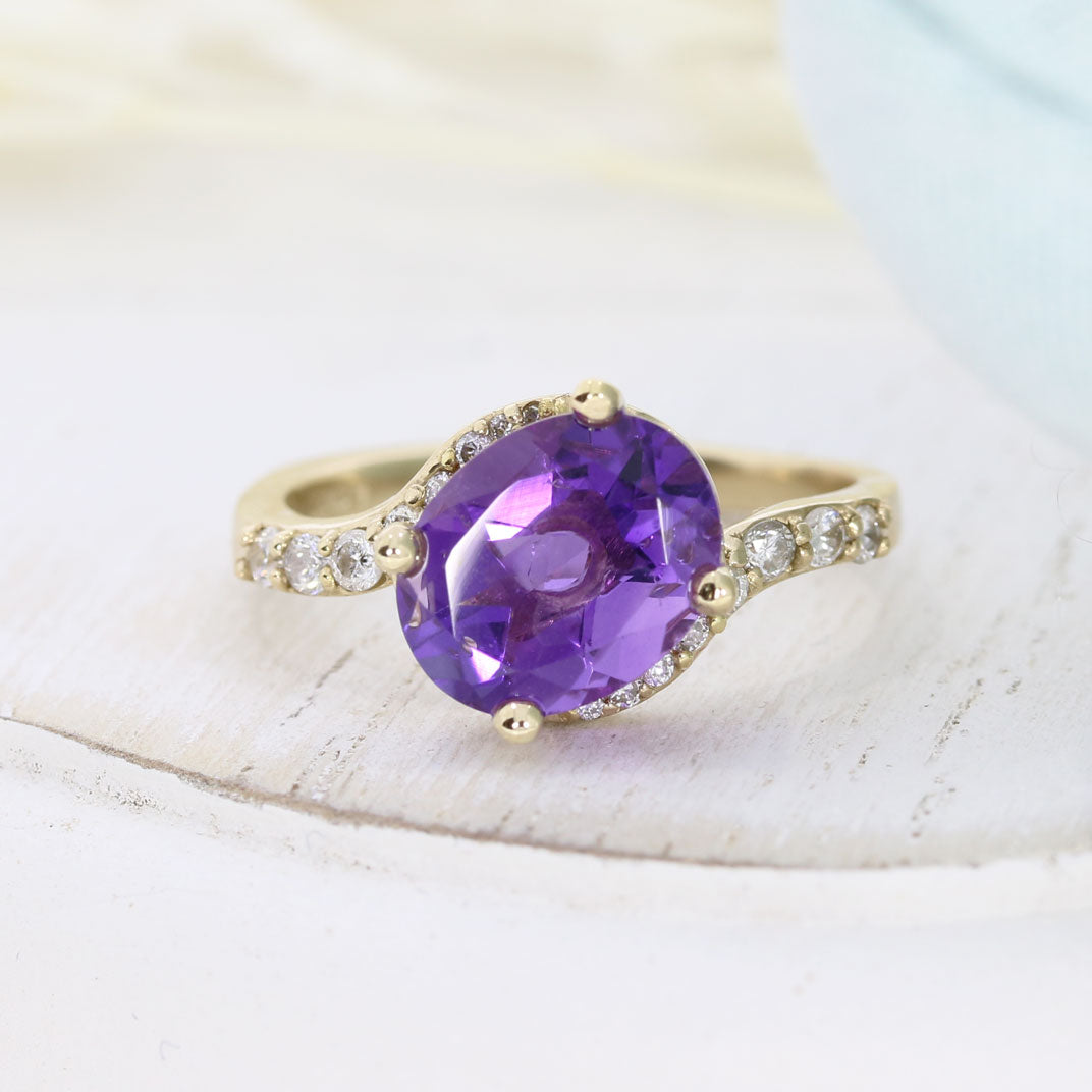 9ct Gold Oval Amethyst & Diamond Fancy Cross Over Ring