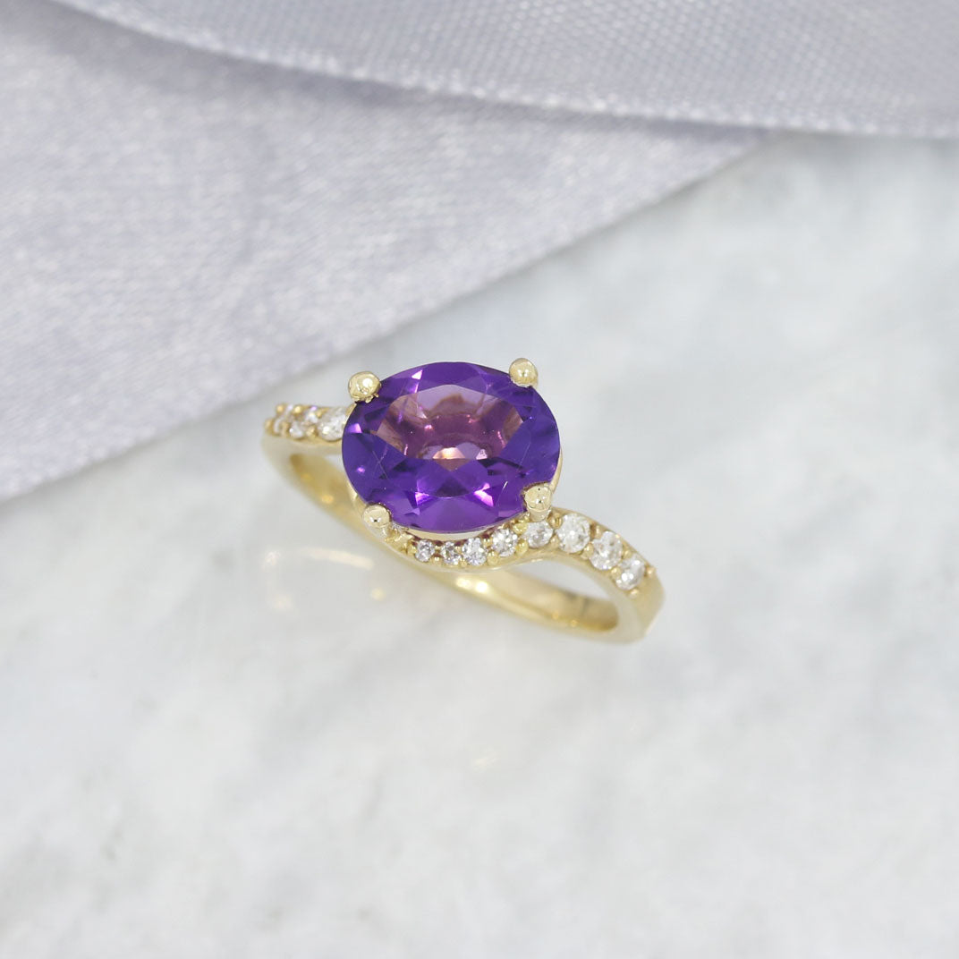 9ct Gold Oval Amethyst & Diamond Fancy Cross Over Ring