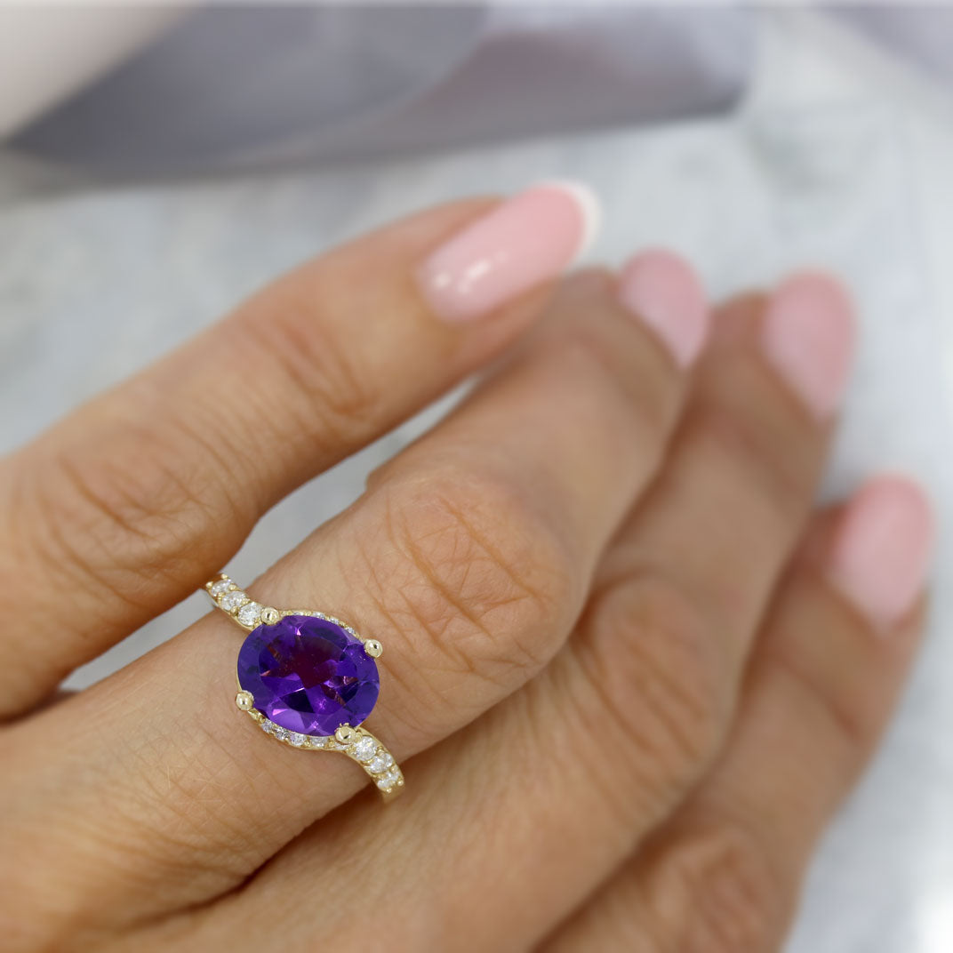 9ct Gold Oval Amethyst & Diamond Fancy Cross Over Ring