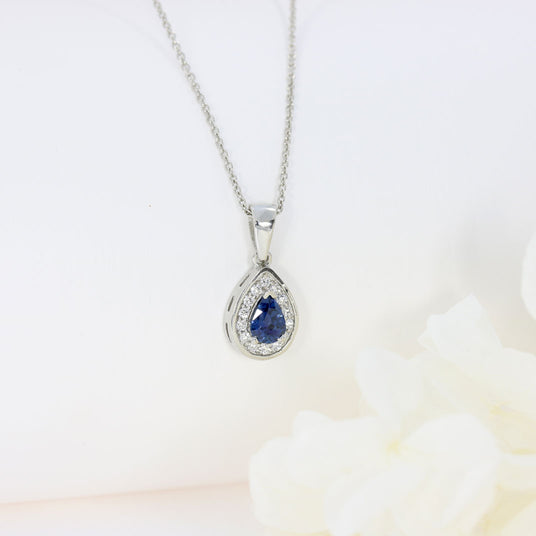 Platinum Pear Shape Sapphire & Diamond Halo Pendant On an 18 Inch Platinum Chain