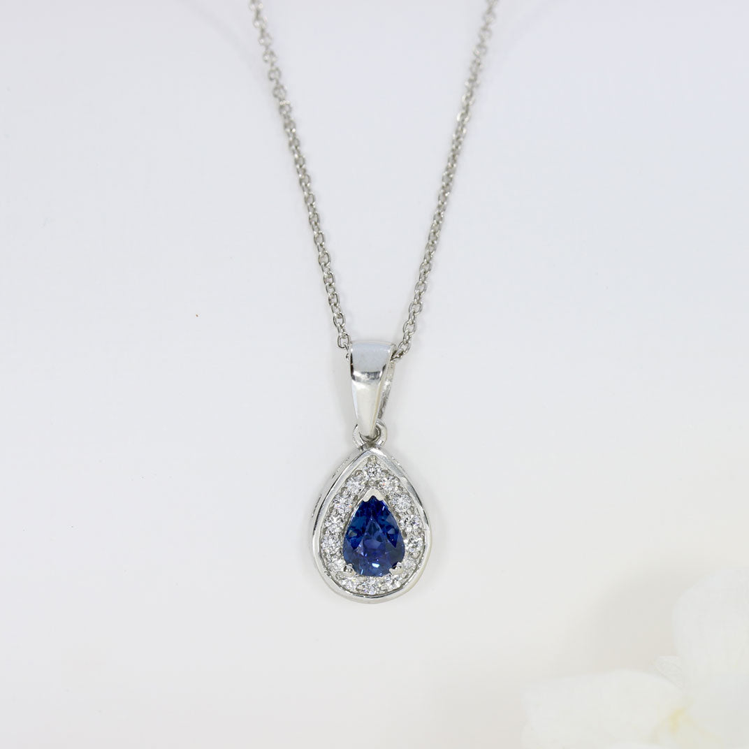 Platinum Pear Shape Sapphire & Diamond Halo Pendant On an 18 Inch Platinum Chain