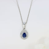 Platinum Pear Shape Sapphire & Diamond Halo Pendant On an 18 Inch Platinum Chain