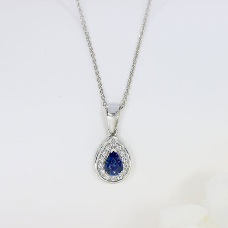 Platinum Pear Shape Sapphire & Diamond Halo Pendant On an 18 Inch Platinum Chain