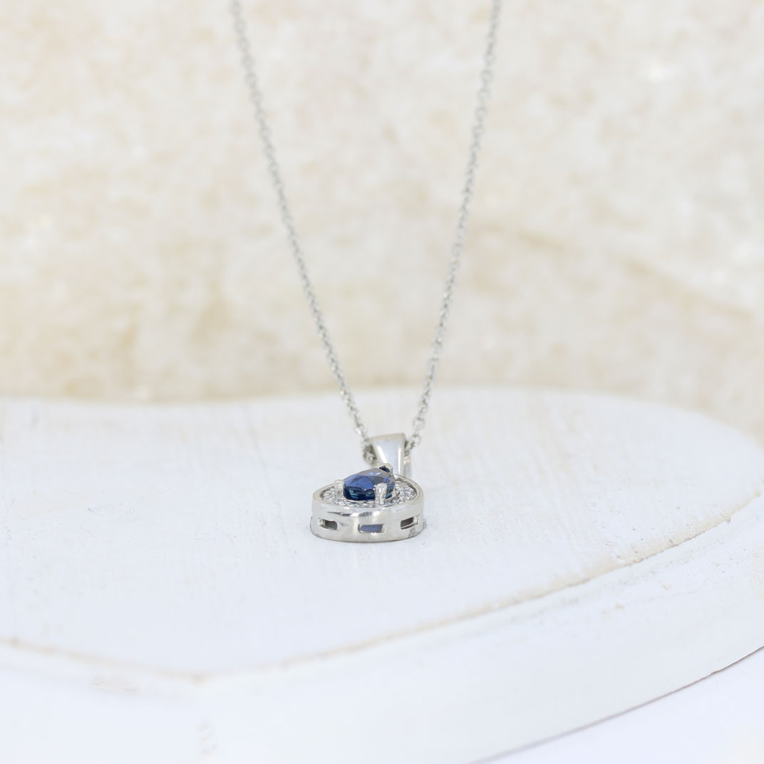 Platinum Pear Shape Sapphire & Diamond Halo Pendant On an 18 Inch Platinum Chain