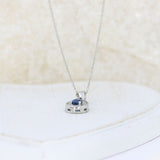 Platinum Pear Shape Sapphire & Diamond Halo Pendant On an 18 Inch Platinum Chain