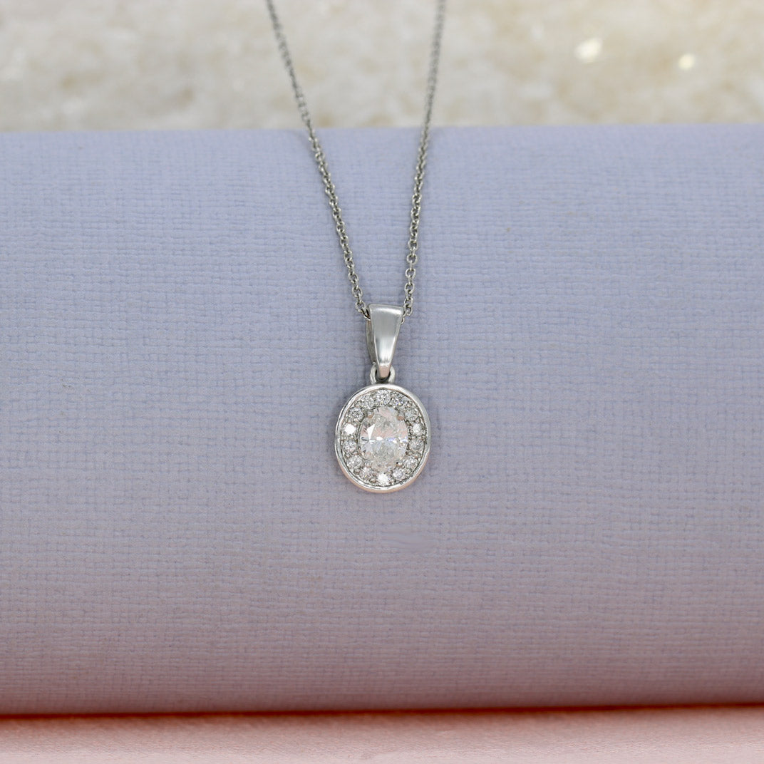 Platinum Oval Halo Diamond Pendant 0.50ct on Platinum Chain