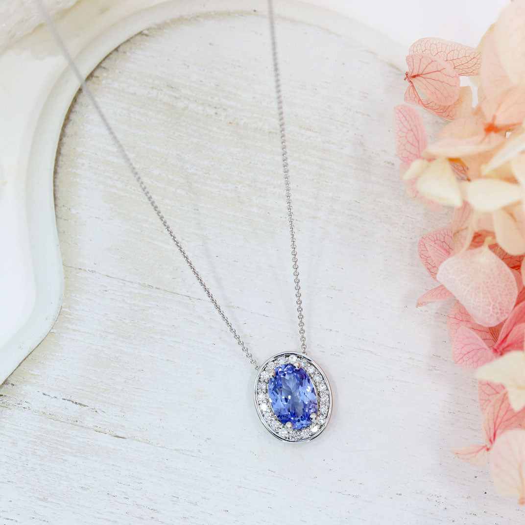 18ct White Gold Oval Claw Set Sapphire & Pave Diamond Halo Pendant on 18ct 18" Chain