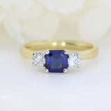 Pre Owned 18ct Square Sapphire & Round Diamond 3 Stone Ring