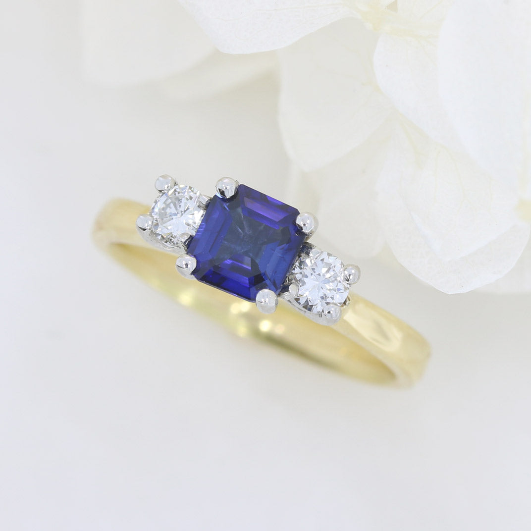 Pre Owned 18ct Square Sapphire & Round Diamond 3 Stone Ring