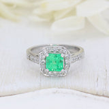 18ct White Gold Square Emerald & Diamond Halo Ring