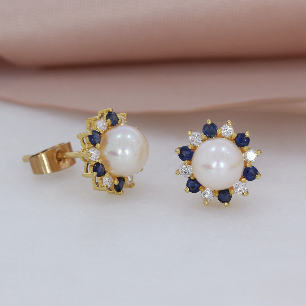 9ct Yellow Gold Cream Pearl Stud Earrings with Diamond & Sapphire Halo