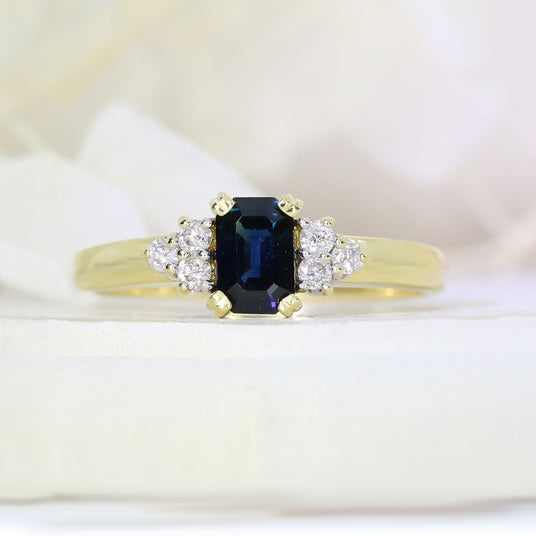 Pre Owned 18ct Gold Emerald Cut Sapphire & Diamond Dress Ring