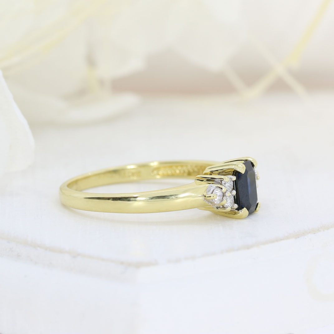 Pre Owned 18ct Gold Emerald Cut Sapphire & Diamond Dress Ring