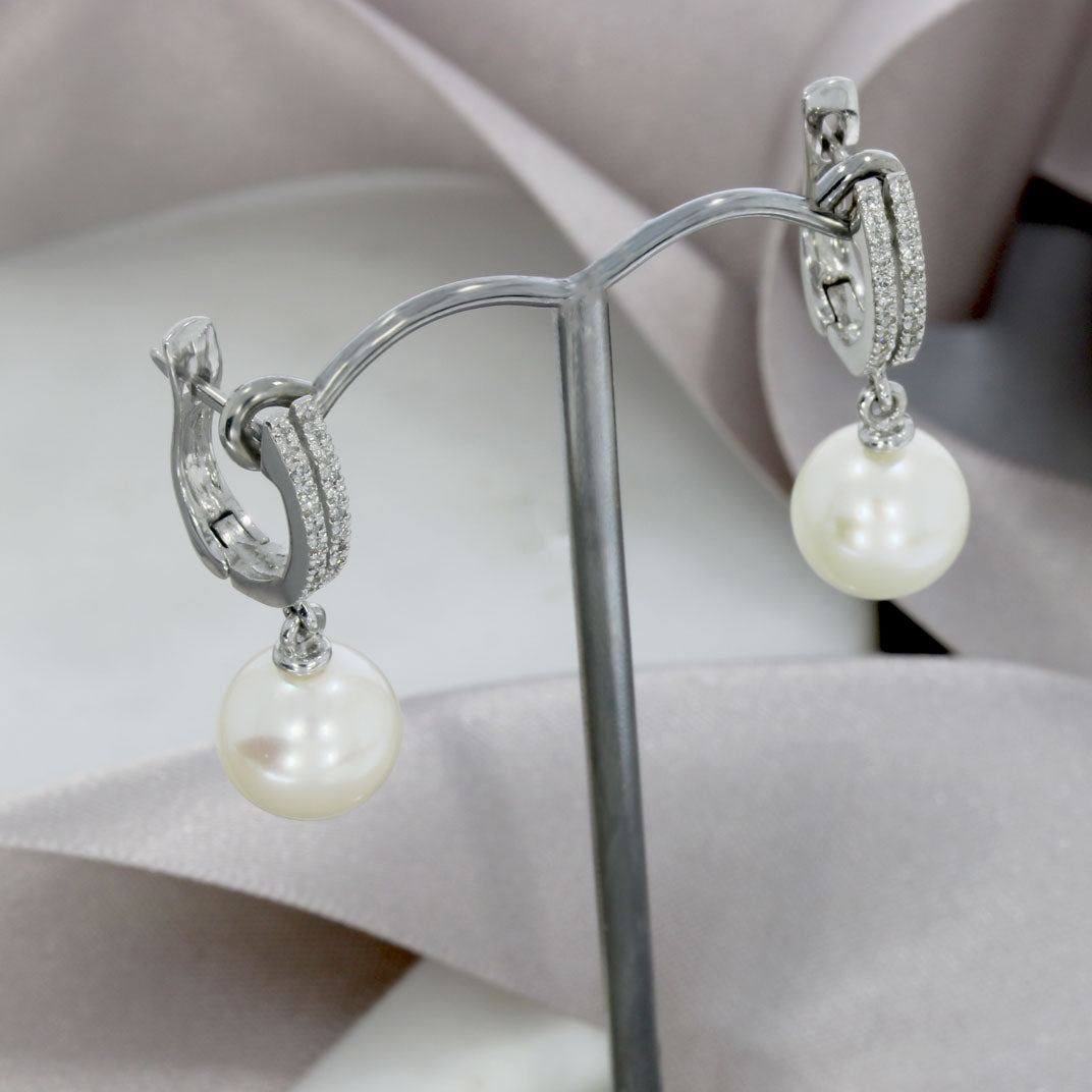 18ct Gold Cultured Pearl & Diamond Half Hoop Drop Earrings